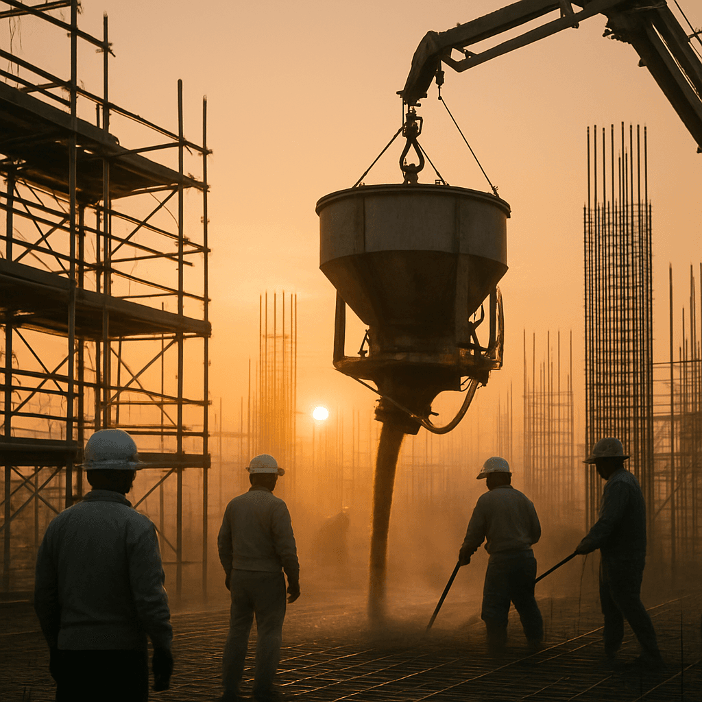Construction site at sunrise with concrete pouring